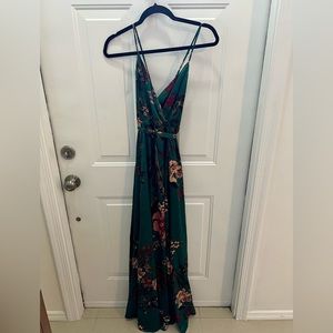 Emerald Green Floral Print Satin Dress